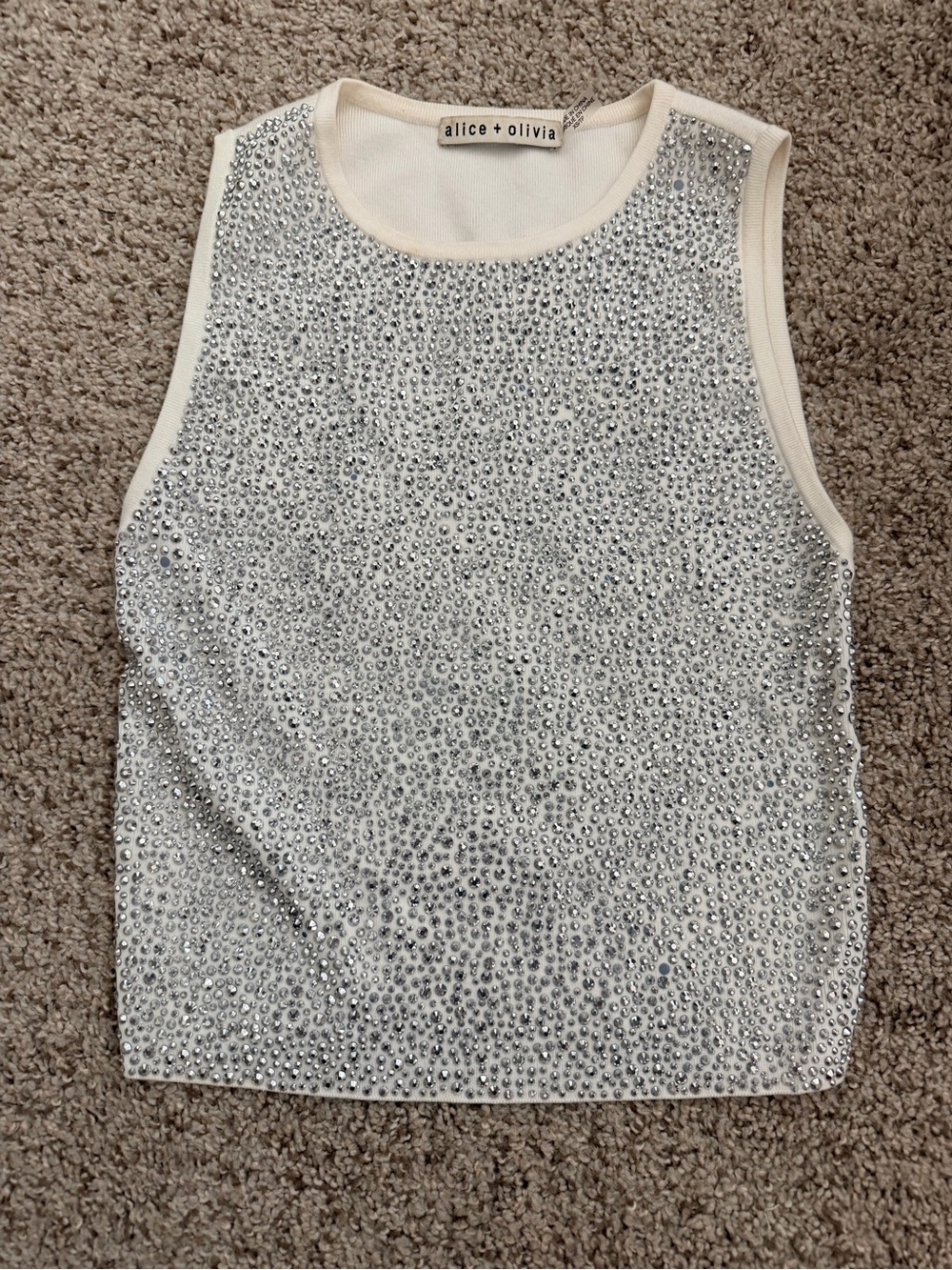 Alice + Olivia Cream Tank Top with Silver Crystal Beading